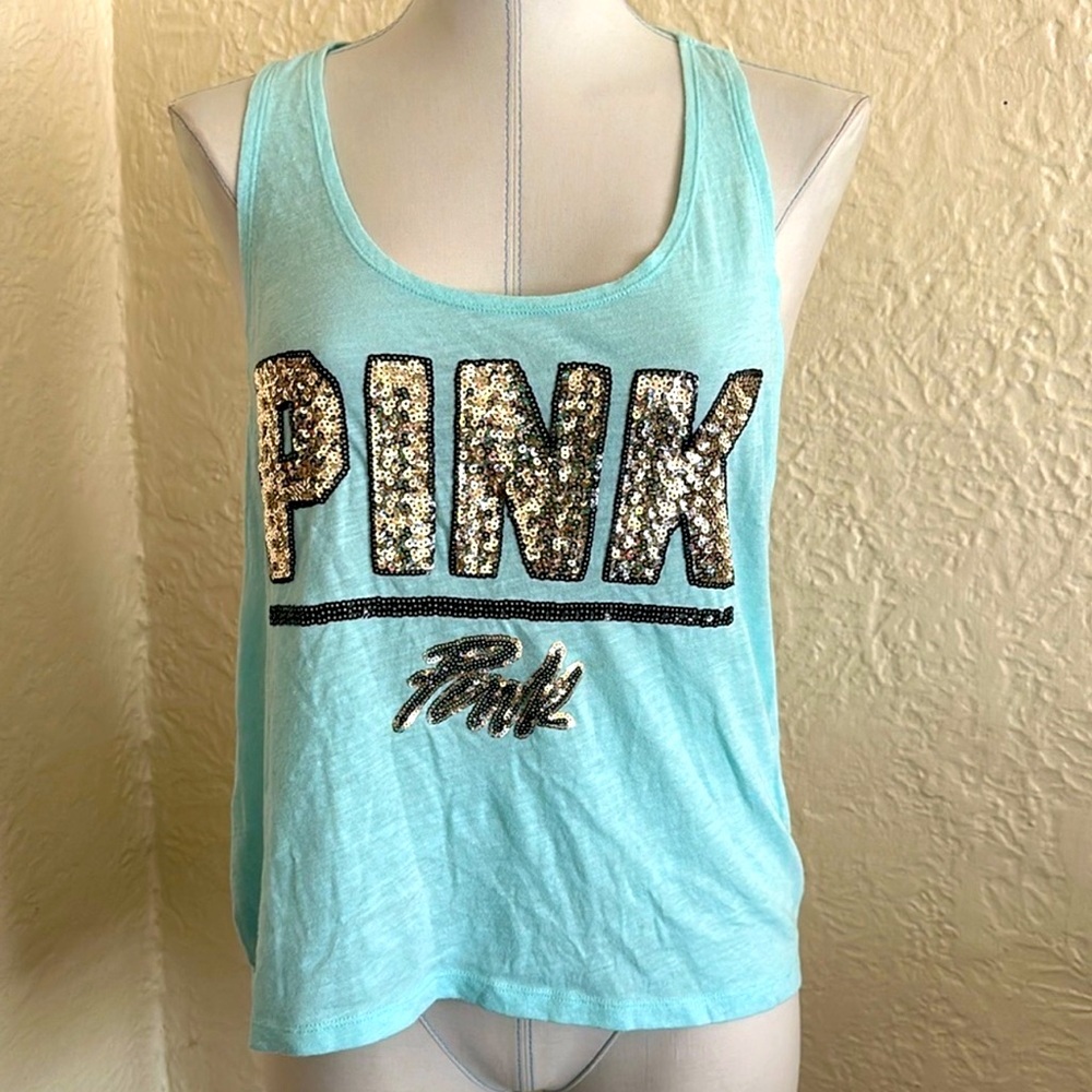 Victoria’s Secret Pink Light Blue Black Silver Sequin Bling Logo Tank Top Medium